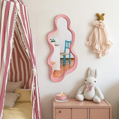 Wavy Mirror Wall Decor for Living Room, 13.8x29.7 Asymmetrical Wall Mounted Mirror with Velvet Touch for Girly Bedroom Decoration, Unique Home Accent for Modern Room Aesthetics (Light Pink)