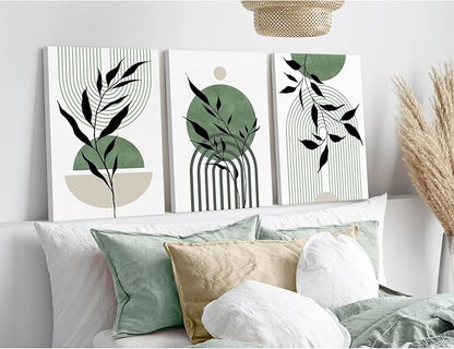 Mid Century Modern Wall Art Set of 3 Sage Green Canvas Wall Art Boho Prints Green Wall Decor Black Beige Abstract Wall Art Picture Mid Century Painting for Home Bedroom 16x24 Inch Wrapped Canvas