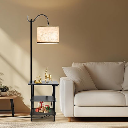 EOEYYOYB Floor Lamp with 3-Tier Shelves, End Table Lamp with USB Charging Port Power Outlet, Side Table Reading Light with 3 Color Temperature Led Bulb Included, Floor Lamps for Living Room, Black