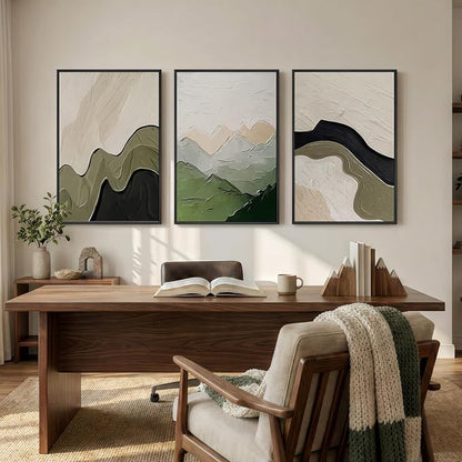 Framed Green Abstract Wall Art for Living Room, 3 Piece Large Neutral Black and Beige Artwork for Walls, Modern Minimalist Abstract Canvas Prints Paintings for Bedroom Home Office Wall Decor, 24x36 In