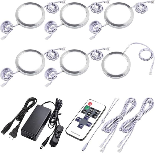 Under Cabinet Puck Lighting Kit, Atmosphere Ambiance Lighting, Dimmable Wireless RF LED Remote Control, Daisy Chain Linable, AC120V to DC12V, Hardwired or Wall Plug, 6 Lights, Daylight