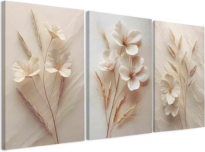 FYLDPSB 3Pcs Unframed Neutral Beige Floral Canvas Wall art, Modern Simple Texture Plant Painting Wall Decor, Vintage Flower Poster Prints for Living Room Bedroom Farmhouse Ready to Hang 24''L x 16''W
