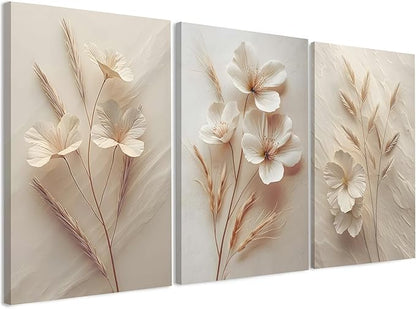 FYLDPSB 3Pcs Unframed Neutral Beige Floral Canvas Wall art, Modern Simple Texture Plant Painting Wall Decor, Vintage Flower Poster Prints for Living Room Bedroom Farmhouse Ready to Hang 24''L x 16''W