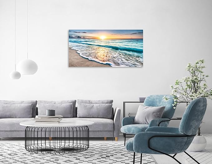 TutuBeer 1 Panel Beach Wall Art Beach Pictures Ocean Pictures Wall Decor Blue Sea Sunset White Ocean Print on Canvas Seascape Canvas Art for Bedroom Home Decor Ready to Hang 30x60 inch