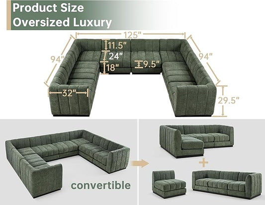 Morden Fort 125'' U-Shaped Modular Sectional Sofa, Deep Seat Chenille Couch for Living Room, Large U Shape Sectional Sofa for Living Room Apartment, High Density Foam, Green