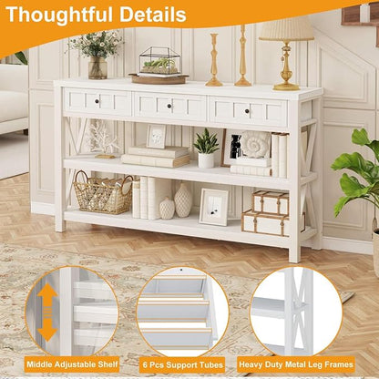 FATORRI Console Table for Entryway, Wood and Metal Sofa Table with 3 Drawers for Living Room, Farmhouse Hallway Tables and Modern Couch Tables Behind Sofa (54.72 Inch Long, White Oak)