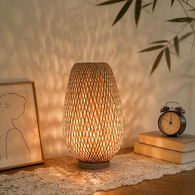ARTZONE Rattan Lamp, Vintage Boho Lamp for Bedside, Handmade Mini Bamboo Table Lamp for Entrance Bedroom Living Room Office and Home Decor