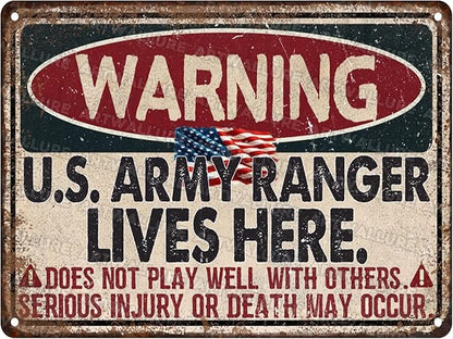 Warning US Army Ranger Vintage Tin Sign Great Patriotic Home Decor and Private Property Metal Sign for American Flag Home and Office Decor USA Army and Military 12x16inch