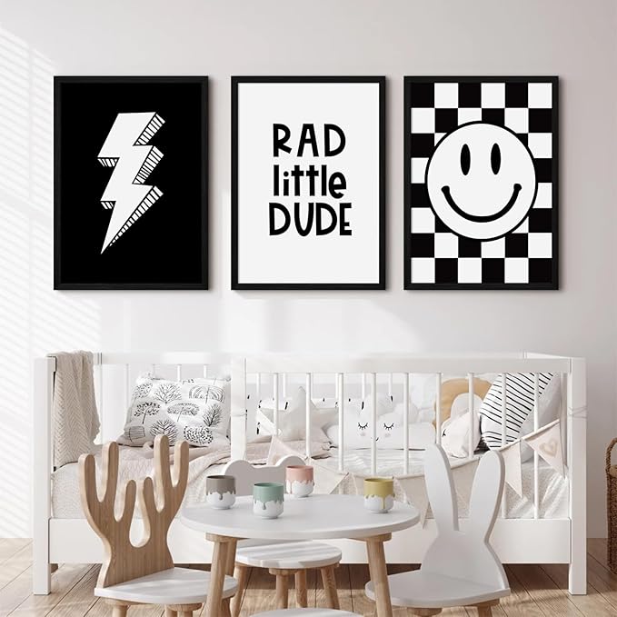 Boys Room Wall Art Decor Toddler Nursery Canvas Wall Art Baby Kids Wall Decor Black Checkered Smiley Poster Pictures Retro Playroom Rad Little Dud Art Prints for Bedroom 16x24x3 Inch Wood Framed