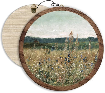 Vintage Spring Floral Field Landscape Hanging Wall Art, Meadow Flowers Vintage Round Wooden Wall Decor, Flower Field Scene Western Boho Decorations for Home Living Room Bedroom Bathroom Office, 19