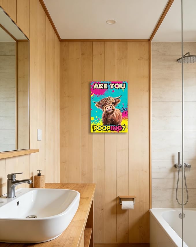 Funny Highland Cow Bathroom Canvas Wall Art Prints, Are You Pooping Sign, Colorful Pop Art Toilet Poster for Washroom, Graffiti Humorous Restroom Wall Decor, 12x16 Inch Framed Painting Ready to Hang