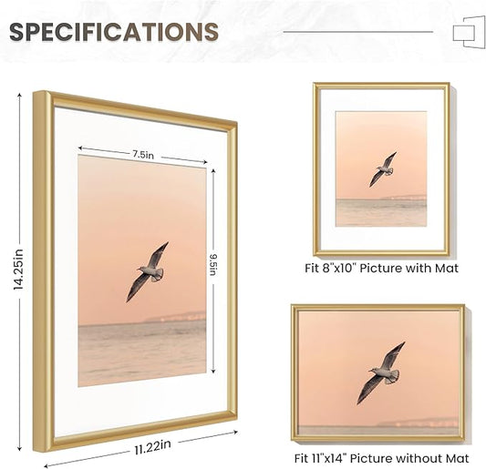 Fun Memories Gold 11x14 Picture Frame, Metal 11 x 14 Picture Frames Set of 3, 11 by 14 Photo Frame with Real Glass, 11x14 Frame Matted to 8x10, 11 x 14 Wall Gallery Frames Set