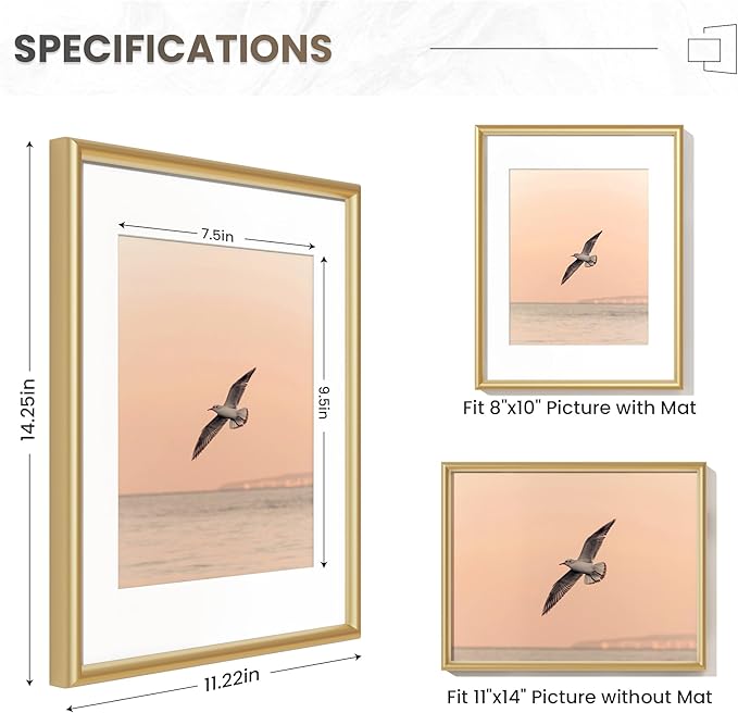 Fun Memories Gold 11x14 Picture Frame, Aluminum Metal Frame 14.25x11.22in with Mat for 8x10, Modern Picture Frame with Tempered Real Glass