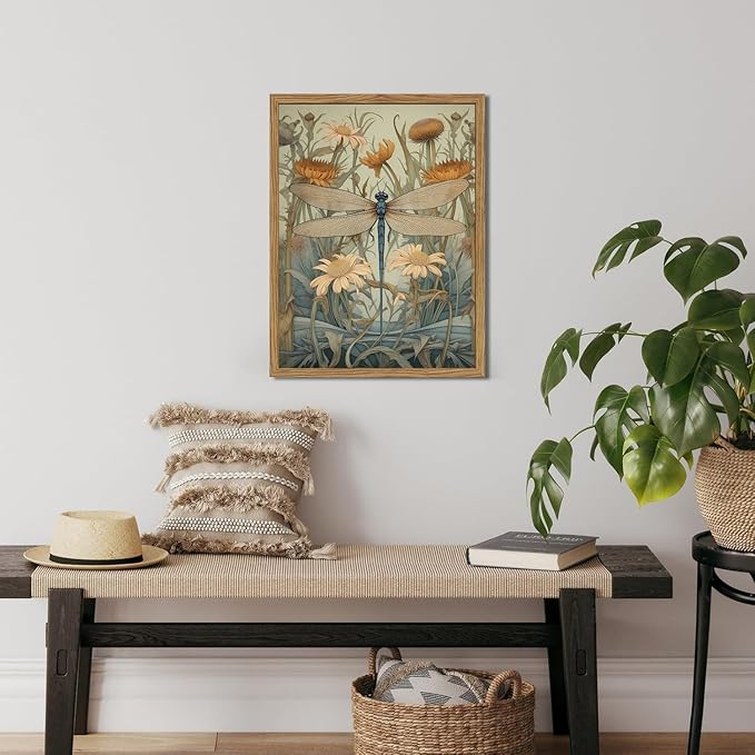Framed Vintage 3D Textured Wall Art Green Dragonfly Flowers Wall Decor Hand Drawn Sandstone Nature Botanical Pictures for Living Room Bedroom 16x24 inch