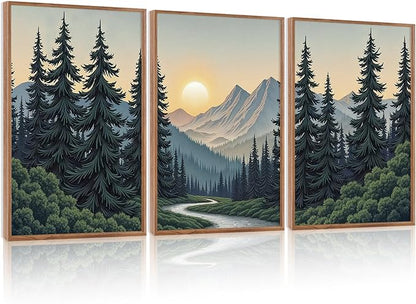 HLNIUC Boho Mountain Sun Forest Framed Canvas Wall Art,Large Nature Sunrise Wall Decor,Yosemite Scene Pine Tree Artwork Set of 3 (24x36),Watercolor Landscape Prints for Living Room,Bedroom,Office