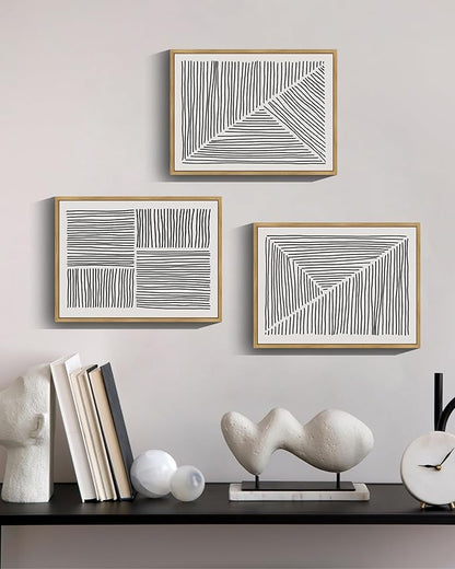 Drsoum Mid-Century Modern Framed Wall Art Minimalist Abstract Boho Black Line Wall Decor Geometric Artwork Kitchen Dining Room 11x14in Natural Framed