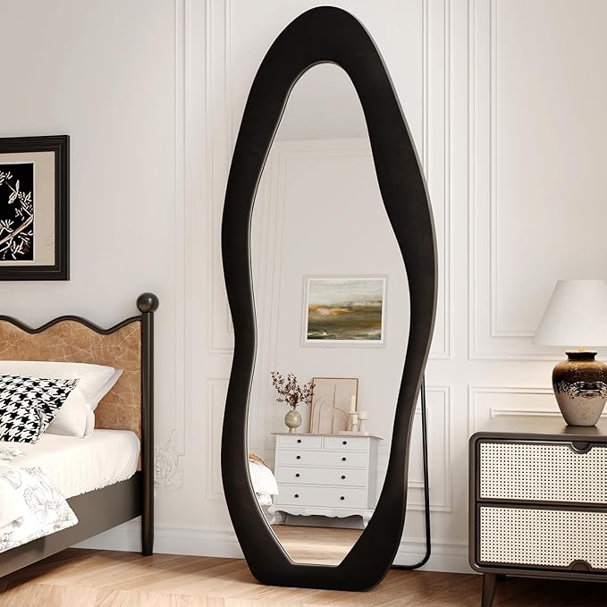 Full Length Mirror, 63"x24" Full Body Mirrors, Flannel Floor Mirrors with Stand, Irregular Wavy Mirror Hanging or Leaning Against Wall for Bedroom Living Room, Black