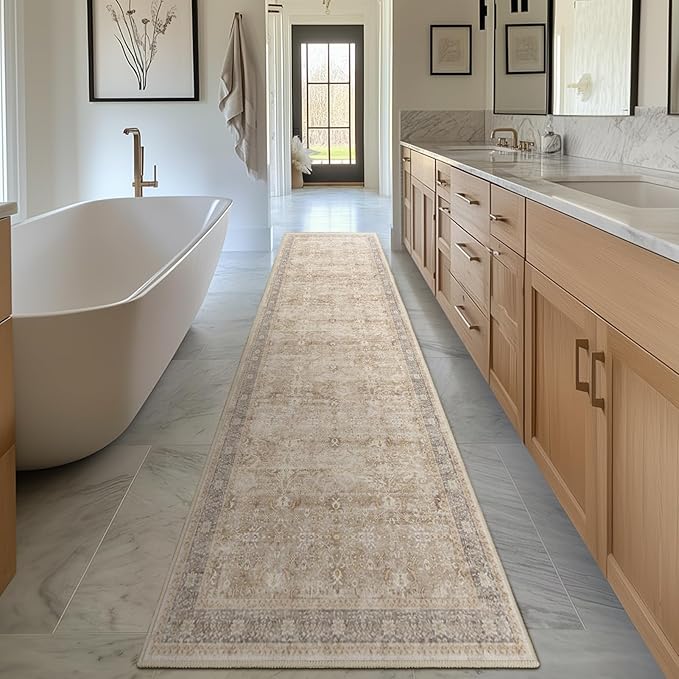 Beige 2x10 Rug Runners for Hallways Non Slip, Long Kitchen Runner Rugs Non Skid Washable, Vintage Farmhouse Neutral Low Pile Thine Carpet Runners for Entryway Corridor Mudroom Foyer
