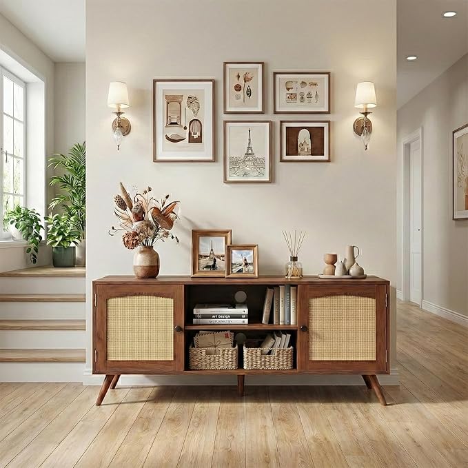 holzart Mid Century Modern Rattan TV Stand for 55/60 Inch TV - 53" Boho Media Console Table with Cane Doors & Open Shelves, Rustic Brown Entertainment Center for Living Room, Hallway, Entryway