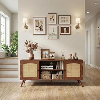 holzart Mid Century Modern Rattan TV Stand for 55/60 Inch TV - 53" Boho Media Console Table with Cane Doors & Open Shelves, Rustic Brown Entertainment Center for Living Room, Hallway, Entryway