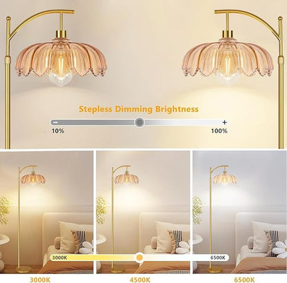 AHDWDW Gold Arc Floor Lamp for Living Room Bedroom,Adjustable Unique Modern Floor Lamps with Remote,Vintage Glass Standing Lamp with Dimmable Bulb,Bright Flower Brass Tall Lamp for Corner Office