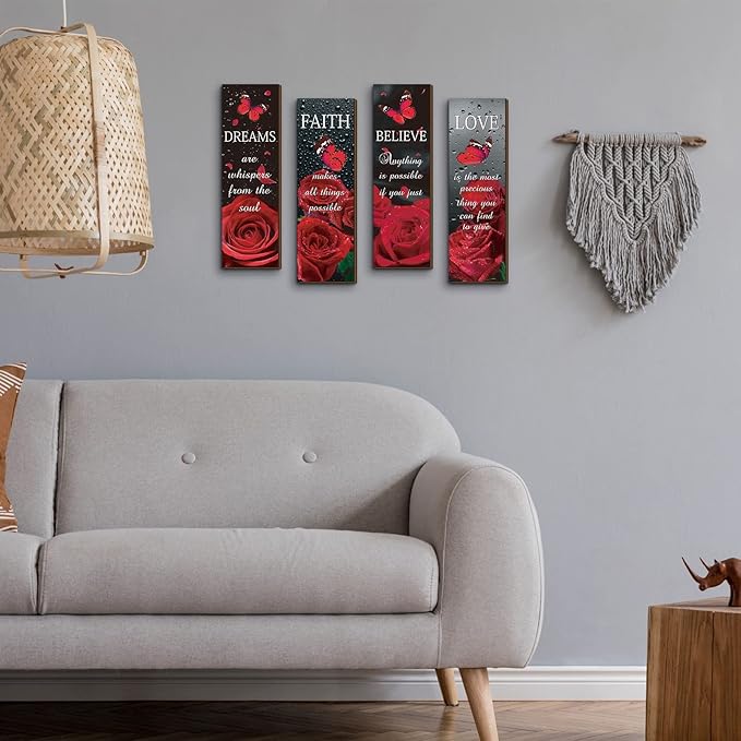 Qunclay 4 Pcs Red Bathroom Decor Red Rose Wooden Wall Decor Dream Faith Believe Love Inspirational Quote Wooden Sign Rustic Floral Butterfly for Women Home Bathroom Bedroom Living Room