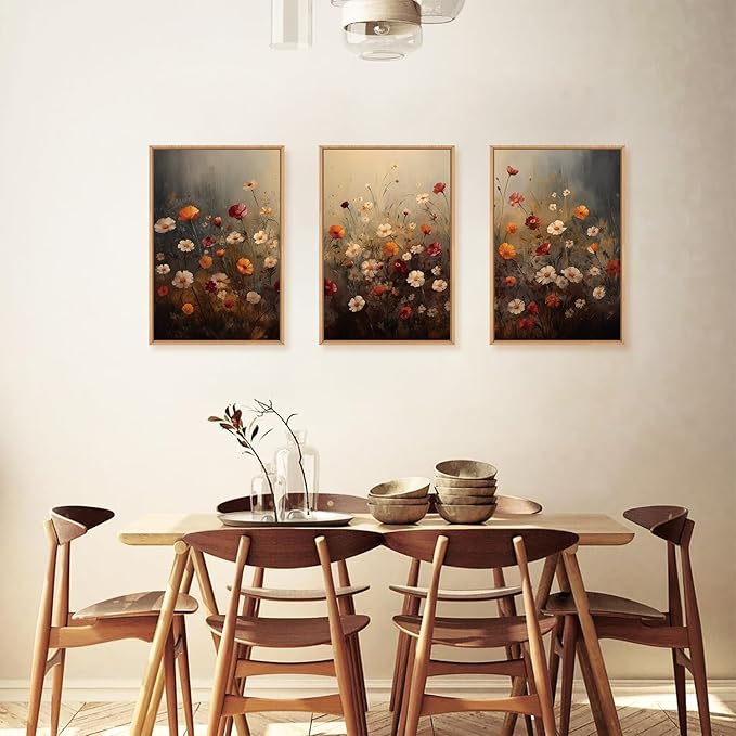 KAIRNE Moody Colorful Wildflower Framed Canvas Wall Art Set,Vintage Daisy Floral Wall Decor,Watercolor Flowers Art Prints,Rustic Botanical Artwork for Living Room,Bedroom,Farmhouse,Office-16 x24 x3