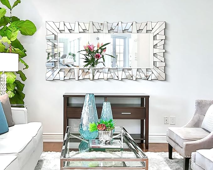 24" X 47" Large Mirror for Wall Decor, Elegant Mirror for Living Room Decor with Mosaic Tiles and Beveled Edge, Contemporary Bathroom Mirror Hang Horizontally or Vertically