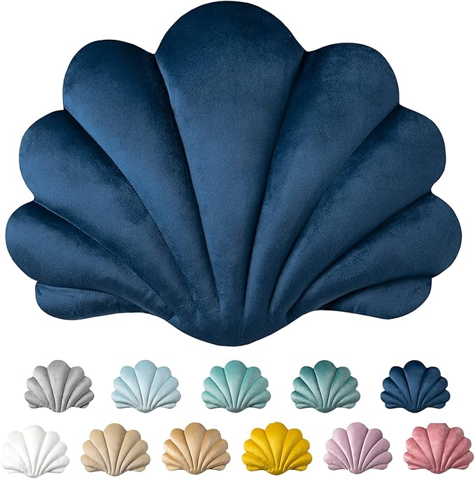 Ashler 3D Throw Pillows Shell Shaped Accent Throw Pillow Covers, Soft Velvet Insert Included Cushion for Couch Bed Living Room, Pack of 1, Navy Blue, 14 X 11 inches
