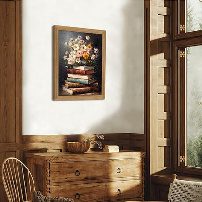 Framed Vintage Floral Wall Art - 3D Textured Flowers Books Sandstone Hand Drawn Art Oil Painting - Minimalist Botanical Wall Decor for Bedroom Living Room Office Decor 16X24in