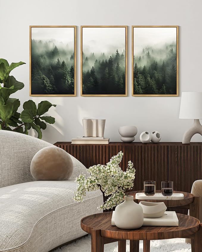 PHOPAGO Green Fog Pine Tree Framed Wall Art Large 16x24in Nature Misty Nordic Forests Artwork Morden Paints for Living Room Home Office Decor - Natural Framed