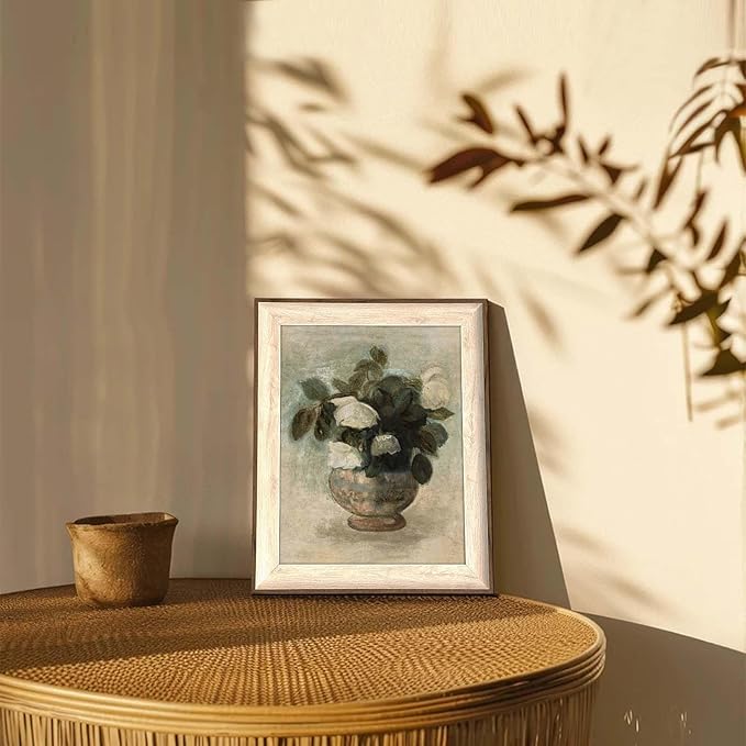 Uniro Vintage Floral Wall Art Framed, Neutral Flower Still Life Oil Painting, White Roses Canvas Prints Artwork with Antique Frame, Farmhouse Wall Decor for Bedroom, Kitchen, Shelf, Bathroom Wall Decor, Cottagecore Room Decor - 10x12Inch