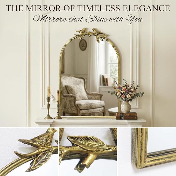 Antique Baroque Vintage Vanity Mirror 30x20Inch, Gold with Ornate Antique Frame, Arched Vintage Wall Mirror for Living Room, Fireplace, Entryway