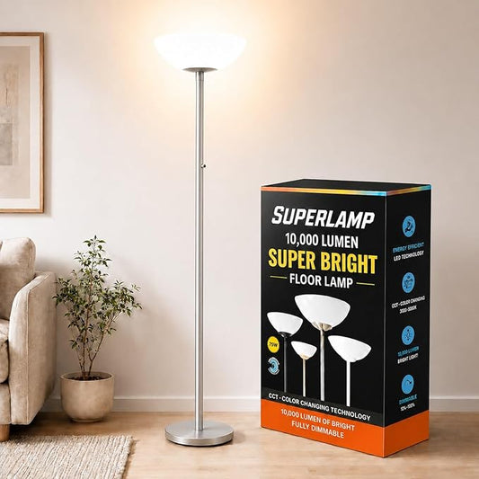 Modern Floor Superlamp 10000 Lumen - LED 75W, Dimmable 5 Changing Color, 85 CRI All Around Light, Tall Corner Standing Lamp with Cement Base and Acrylic Shade, Glare Free UpLight Kit Ready - Silver