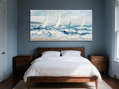 Enartly Wave 3D Textured Ocean Wall Art for Living Room Blue Seascape Sailboat Canvas Coastal Painting Artwork for Bedroom Bathroom Home Office Wall Decor, Large 40"x20"