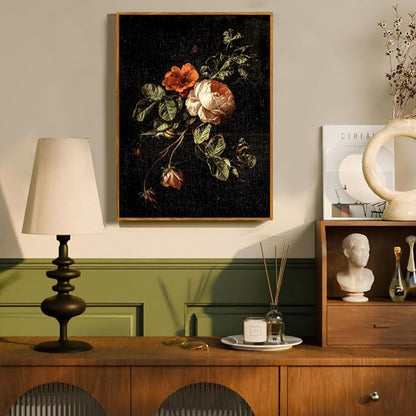 crmotu Vintage Framed Wall Art, Botanical Floral Canvas Art Prints, Still Life Rose Rustic Farmhouse Decor, Antique Flower Black Wall Pictures for Living Room Bedroom Bathroom Office Artwork 16x24in
