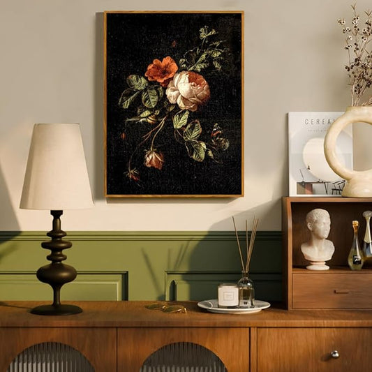 crmotu Vintage Framed Wall Art, Botanical Floral Canvas Art Prints, Still Life Rose Rustic Farmhouse Decor, Antique Flower Black Wall Pictures for Living Room Bedroom Bathroom Office Artwork 16x24in