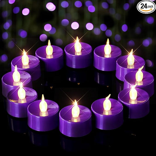 merrynights Purple LED Candles, 24 Pack Tea Lights Candles Battery Operated, Flameless Tealight Candle, Realistic Tea Lights for Halloween Christmas Party Decor Mardi Gras