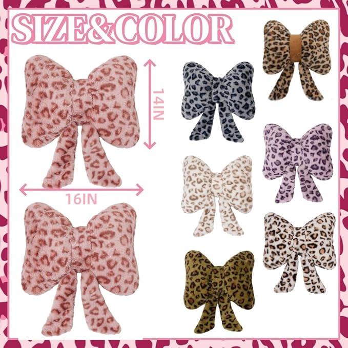 2 Pack Cute Leopard Print Bow Throw Pillows Furry Cheetah Bownote Plush Pillow Decor Bow Lumbar Suffed Pillow for Home Living Room Bedroom Bed Couch Cushion