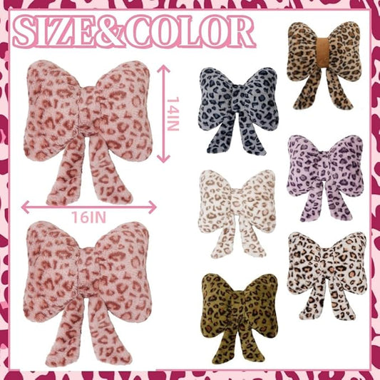2 Pack Cute Leopard Print Bow Throw Pillows Furry Cheetah Bownote Plush Pillow Decor Bow Lumbar Suffed Pillow for Home Living Room Bedroom Bed Couch Cushion