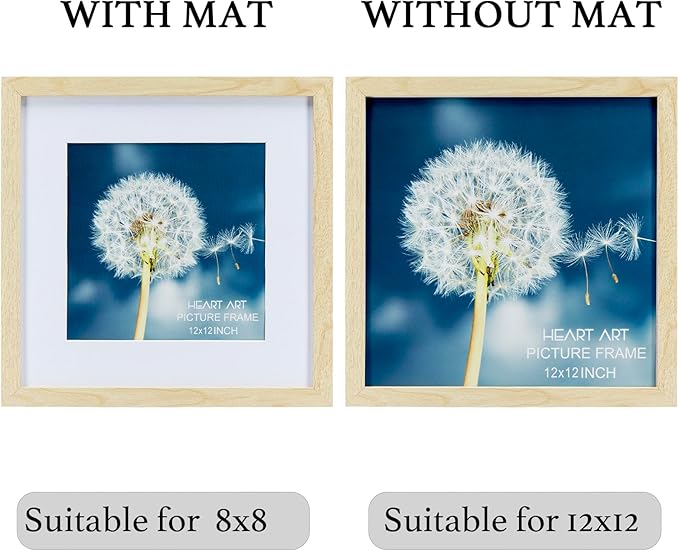 HEART ART 12x12 Natural Wood Picture Frame Set of 9, Display Pictures 8x8 with Mat or 12 x 12 without Mat, Multi Collage Gallery Square Photo Frames for Wall