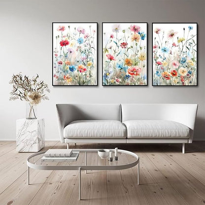 KISSFOX Framed Colorful Wildflower Canvas Wall Art Set Of 3 Flowers Pictures Prints Flowers Printing Floral Watercolors Flower wall Decor Living Room Girls Bedroom Bathroom