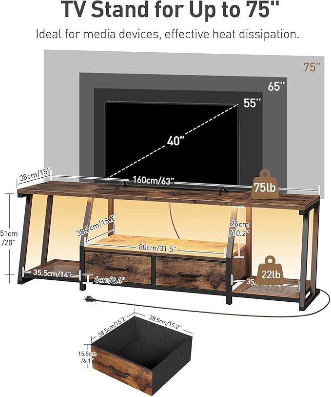 RALGEND LED TV Stand for 75 Inch TV, Entertainment Center with Open Shelves and Power Outlets, TV Console Table with Fabric Drawers, Media Console for Living Room, Bedroom, Rustic Brown and Black