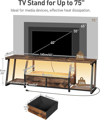 RALGEND LED TV Stand for 75 Inch TV, Entertainment Center with Open Shelves and Power Outlets, TV Console Table with Fabric Drawers, Media Console for Living Room, Bedroom, Rustic Brown and Black