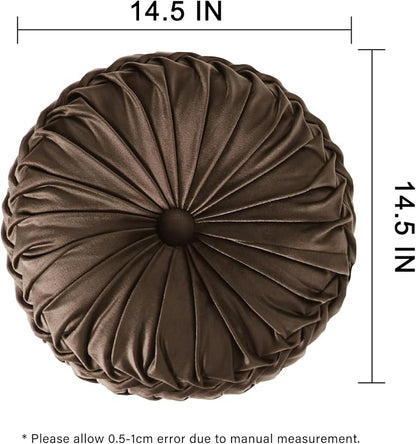 HIG Set of 2 Decorative Round Pleated Throw Pillows,Classy Accent Pumpkin Throw Pillows with Center Button,Vintage Velvet Floor Pillows for Sofa Vanity Chair Bed,Chocolate,14.5" Diameter(Ripple)