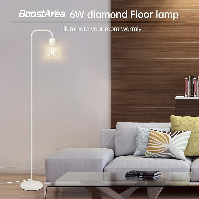 BoostArea White Floor Lamp, Industrial Floor Lamp, 63inch Standing Lamp, E26 Socket, On/Off Footswitch, Whole Metal, Modern Small Simple Stand Up Lamp for Bedroom Living Room, Vintage, Mid Century
