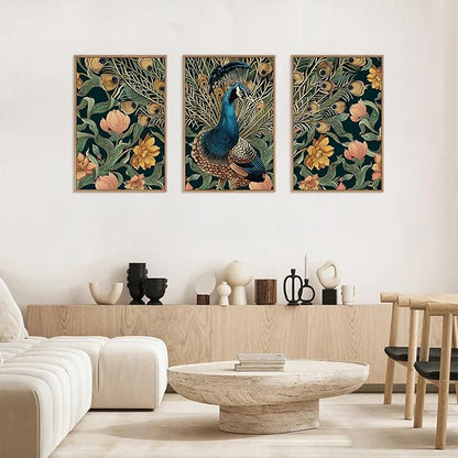 HLNIUC Elegant Peacock Wall Art Canvas,Boho Flower Wall Art,Blue Peacocks Artwork,Animal Feather Artwork,Vintage Animal Framed Decor,William Morris Prints for Living Room Bedroom Office-16x24x3