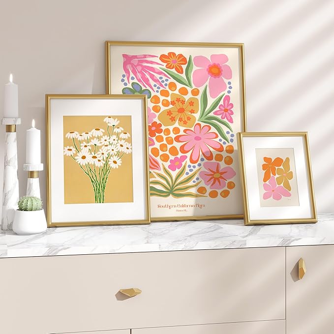 Fun Memories 16x16 Picture Frame Gold, 16" x 16" Aluminum Frame with Mat for 12" x 12", 16x16 Square Metal Frame with Tempered Real Glass