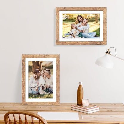 iRahmen 10x14 Picture Frame Set of 2 with Tempered Glass, Rustic Brown Wood Frames Display 8x12 Picture with Mat or 10 x 14 Without Mat for Horizontal or Vertical Wall Mounting