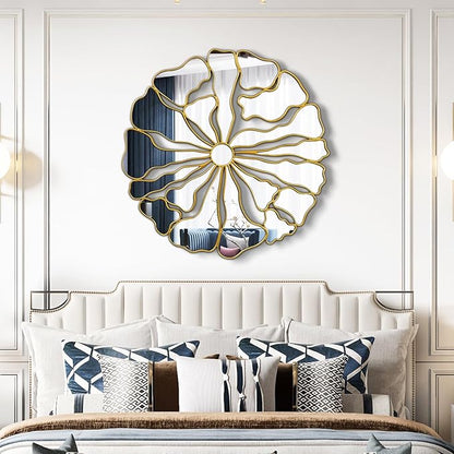 Gold Wall Mirrors Decorative, 32” Large Round Mirrors for Wall Decor, Flower Shaped Decorative Wall Mirror for Living Room, Bedroom, Dining Room
